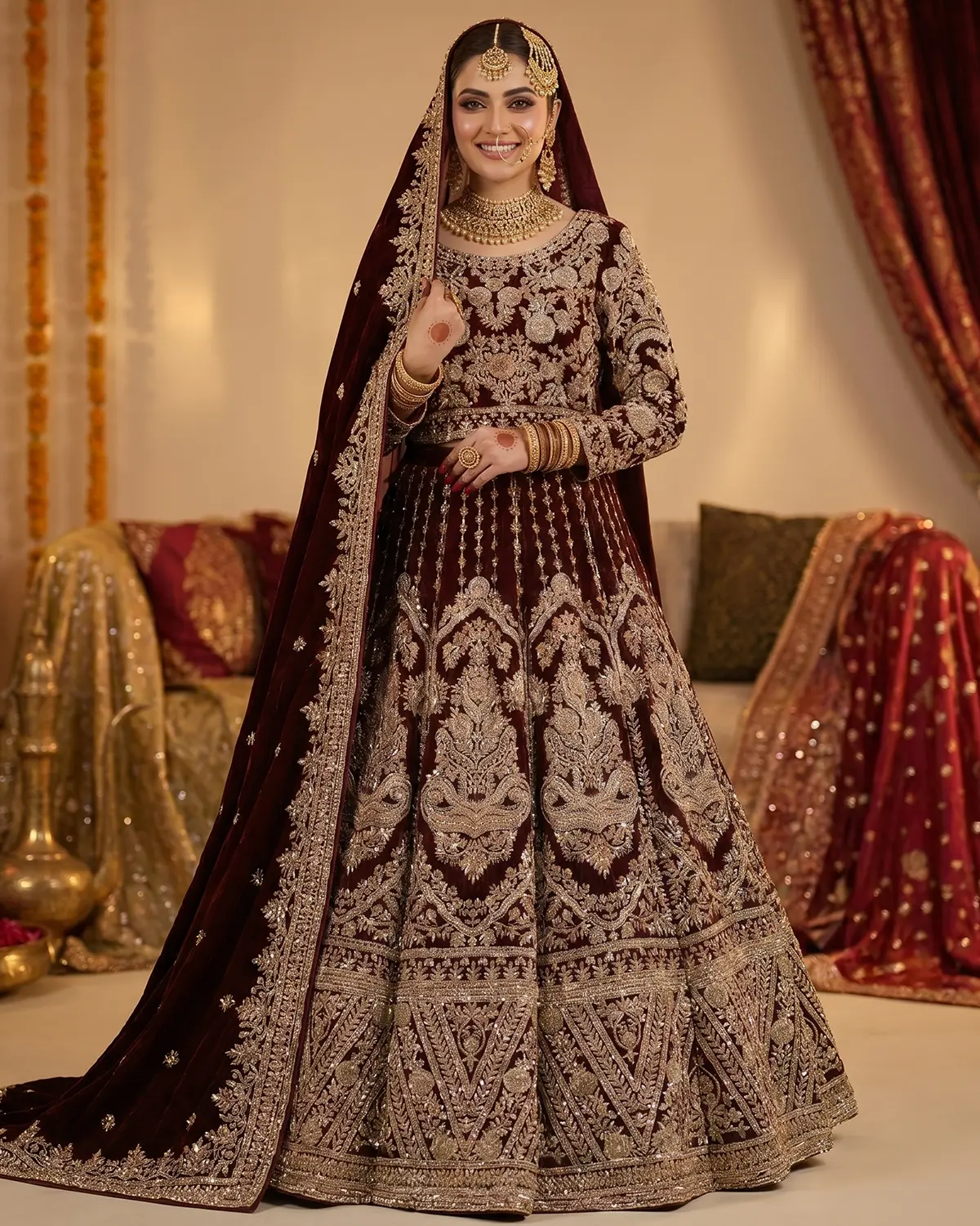 Royal Maroon Elegant Velvet Mughal Zardozi Bridal Lehenga - Image 2