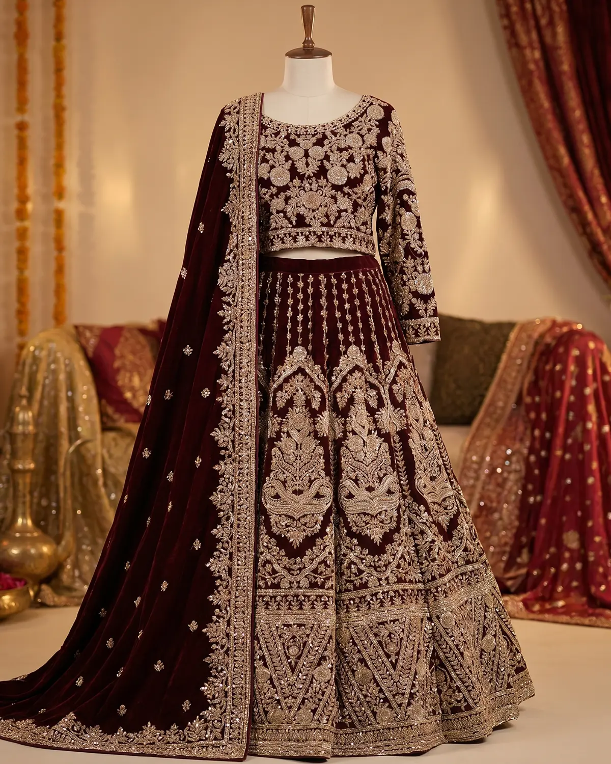Royal Maroon Elegant Velvet Mughal Zardozi Bridal Lehenga