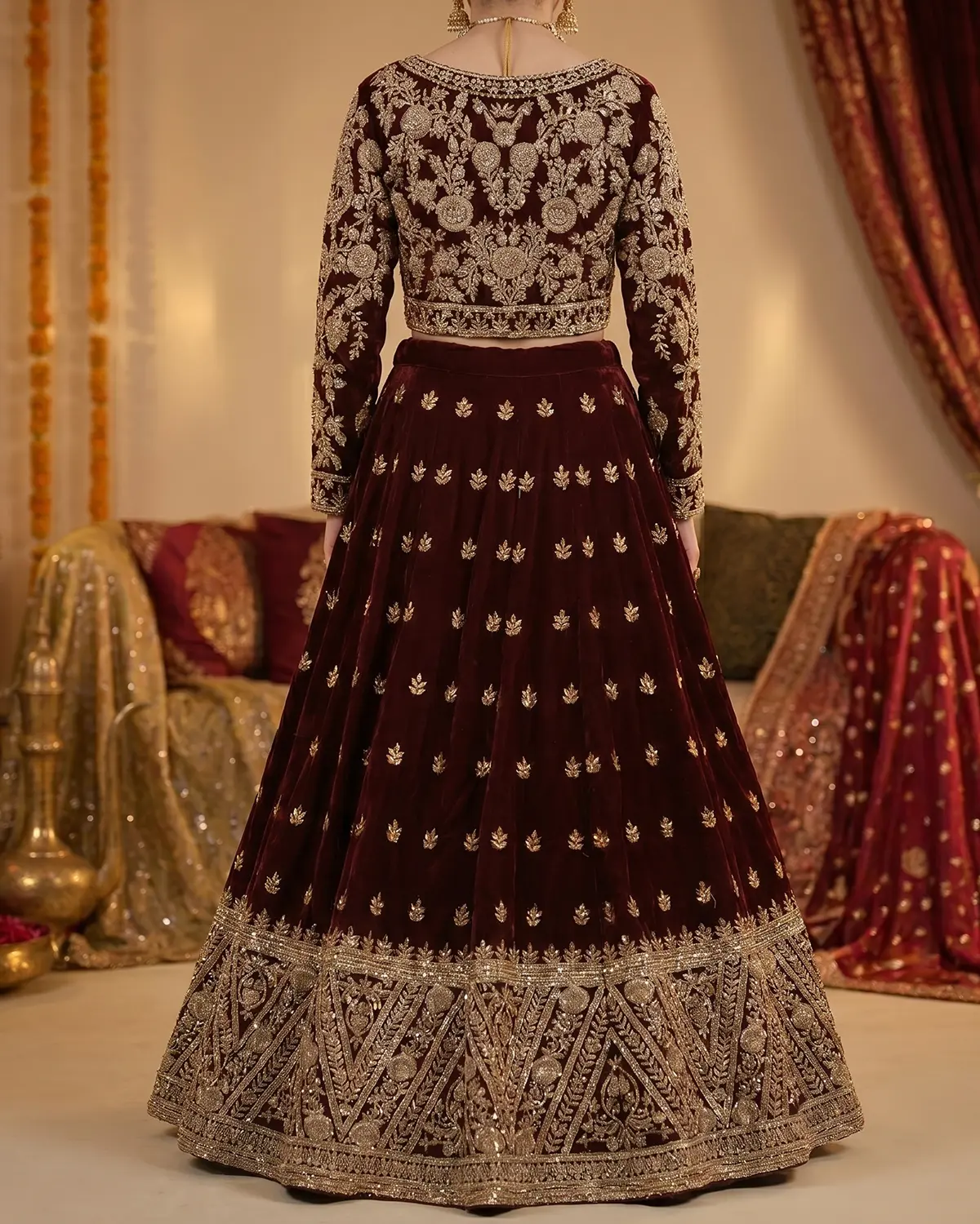 Royal Maroon Elegant Velvet Mughal Zardozi Bridal Lehenga - Image 3