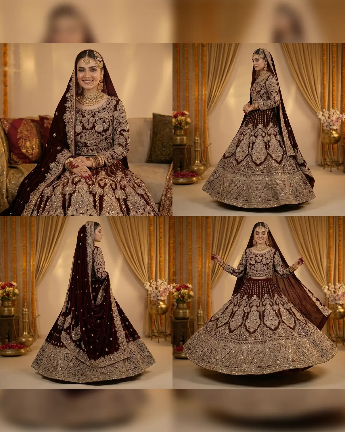 Royal Maroon Elegant Velvet Mughal Zardozi Bridal Lehenga - Image 4