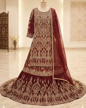 Royal Maroon Embellished Bridal Farshi Lehenga Shirt