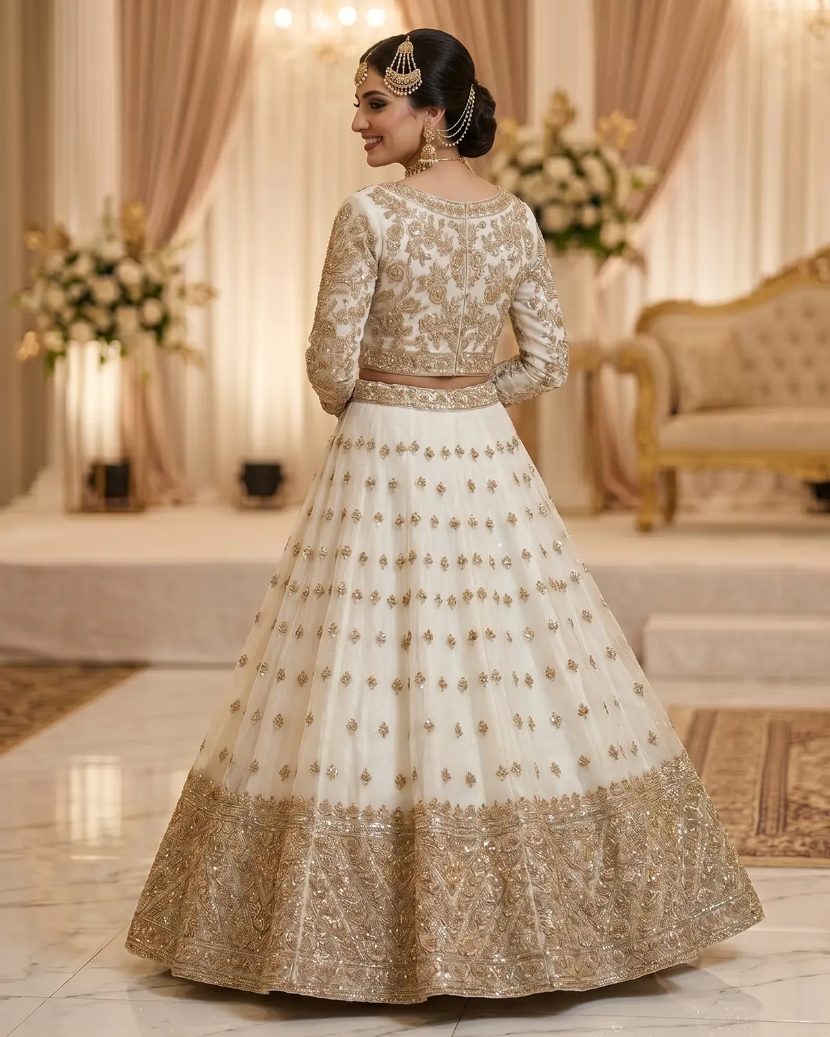 Royal White Golden Areeb Briadal Maxi/Lehenga Choli - Image 3