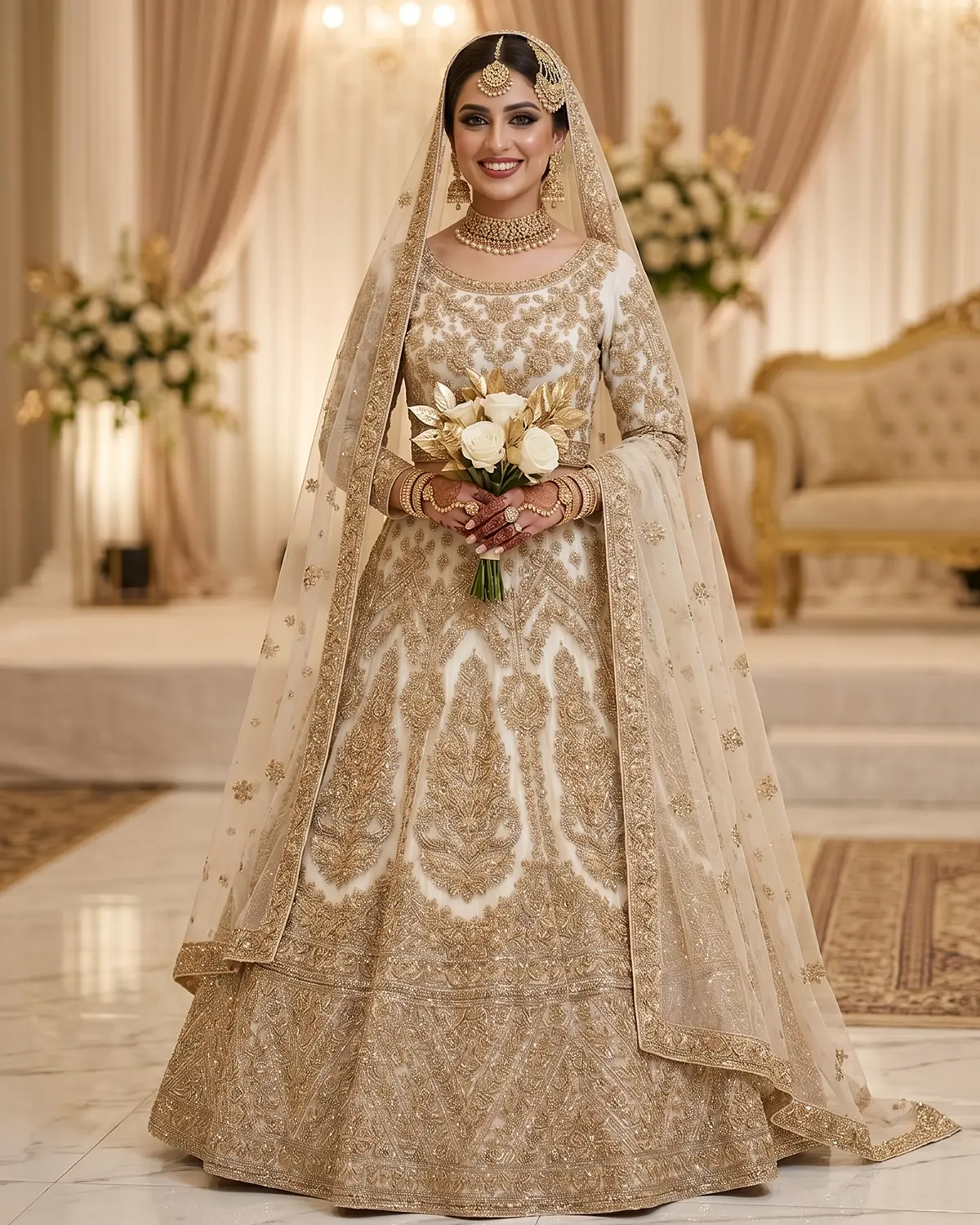 Royal White Golden Areeb Briadal Maxi/Lehenga Choli - Image 2