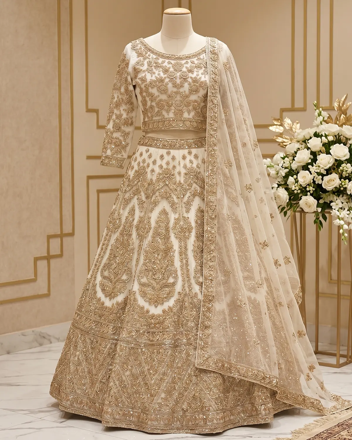 Royal White Golden Areeb Briadal Maxi/Lehenga Choli