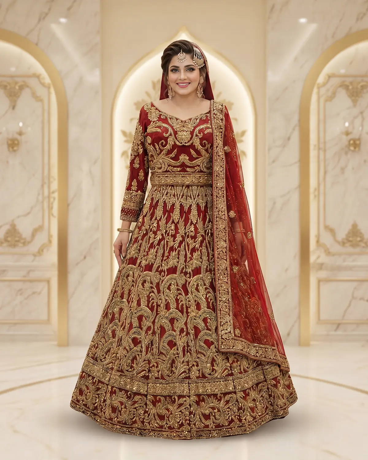 Supreme Maroon Golden Tux Bridal Lehenga Choli - Image 2