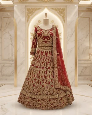 Supreme Maroon Golden Tux Bridal Lehenga Choli