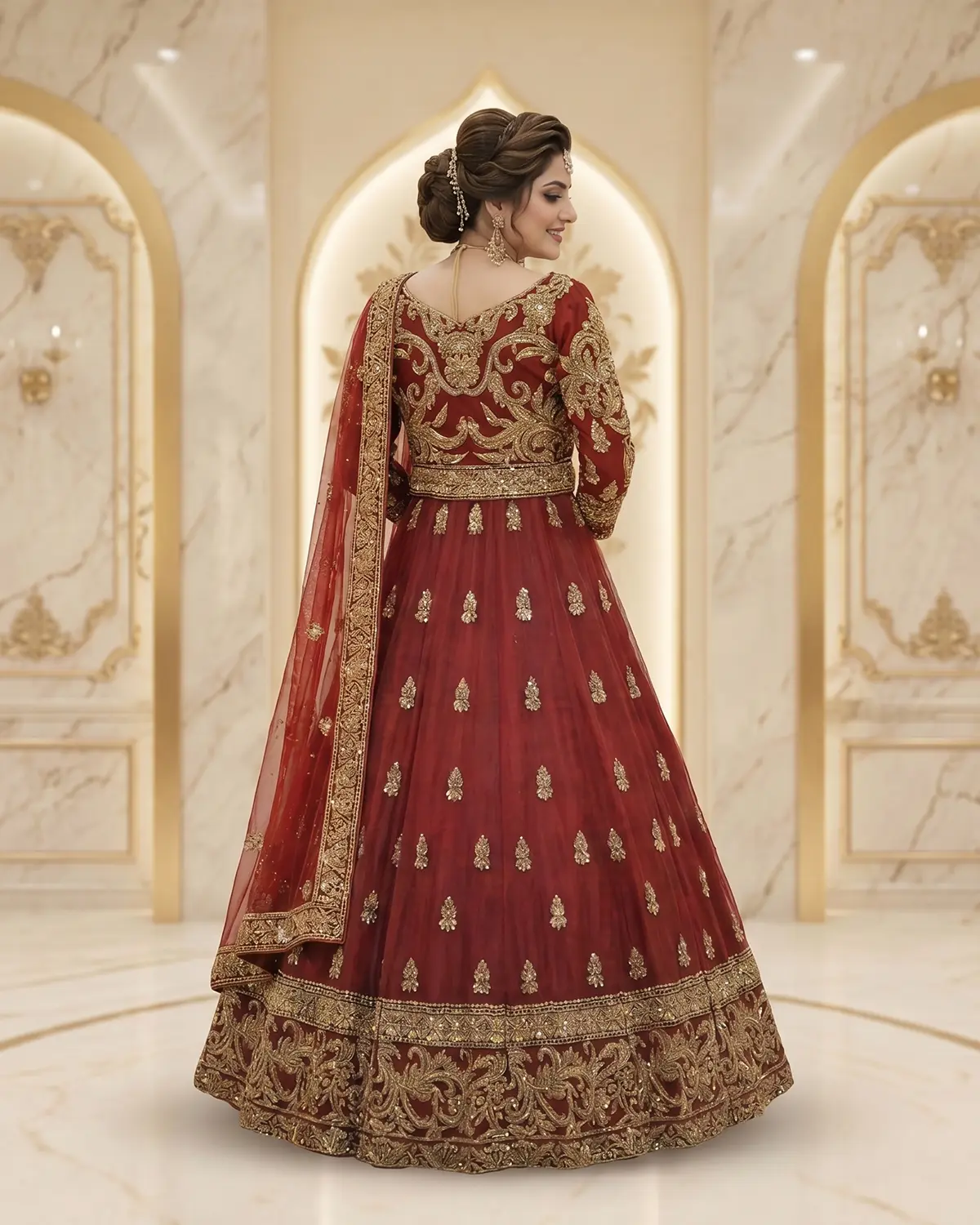 Supreme Maroon Golden Tux Bridal Lehenga Choli - Image 3
