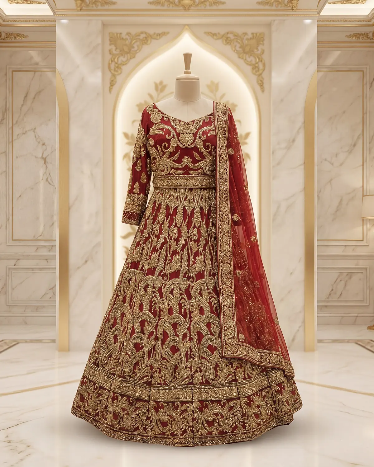 Supreme Maroon Golden Tux Bridal Lehenga Choli