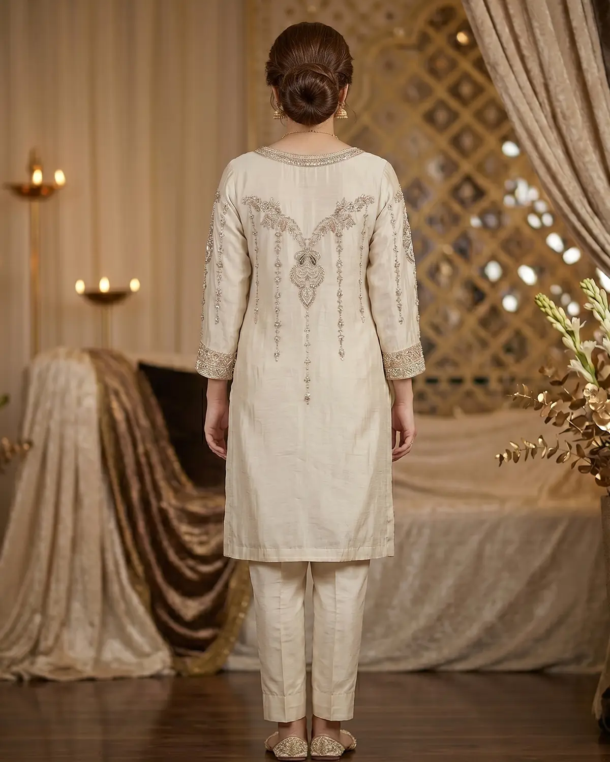Beige Embroidered Formal Shirt Trouser Suit - Image 3