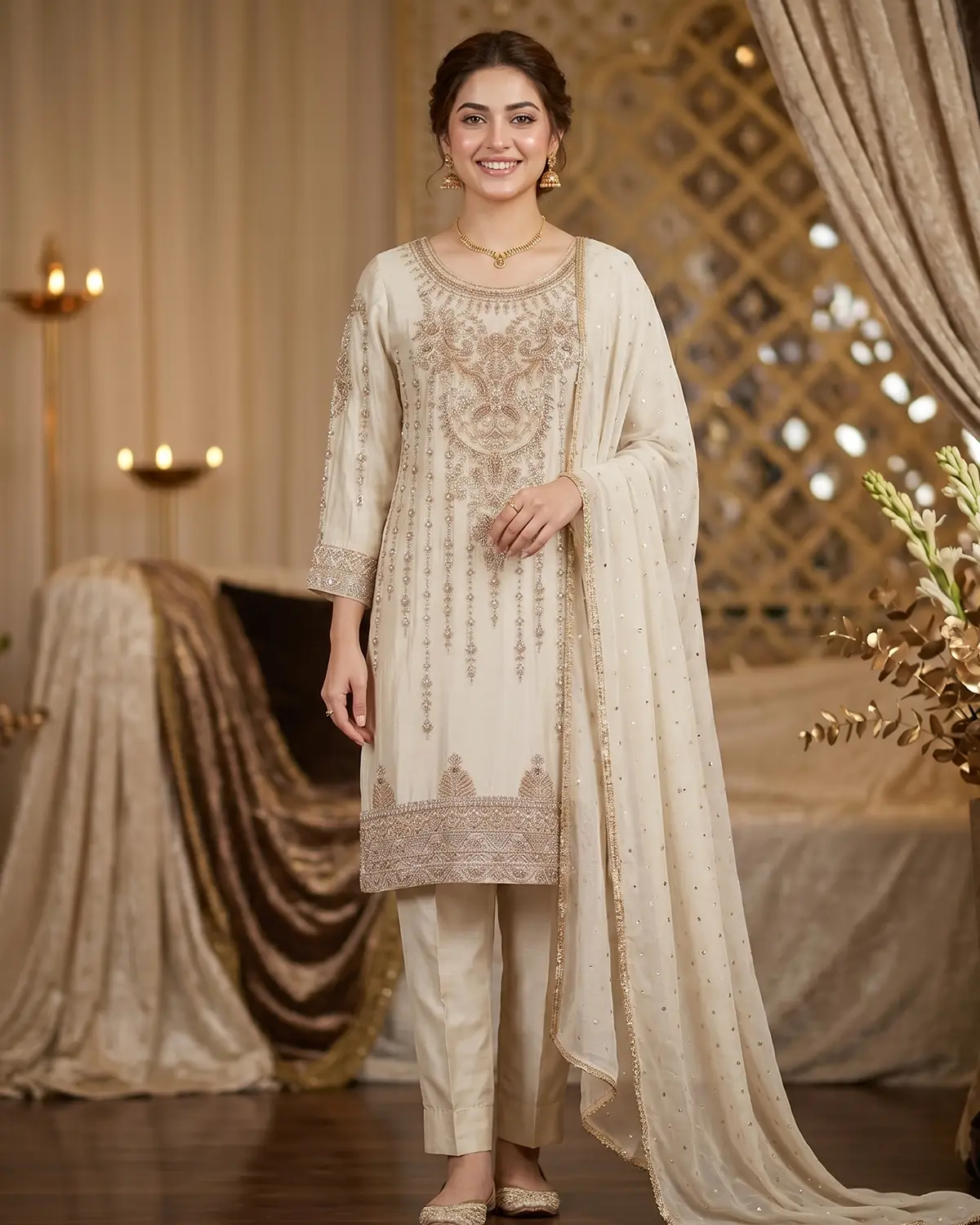 Beige Embroidered Formal Shirt Trouser Suit - Image 2