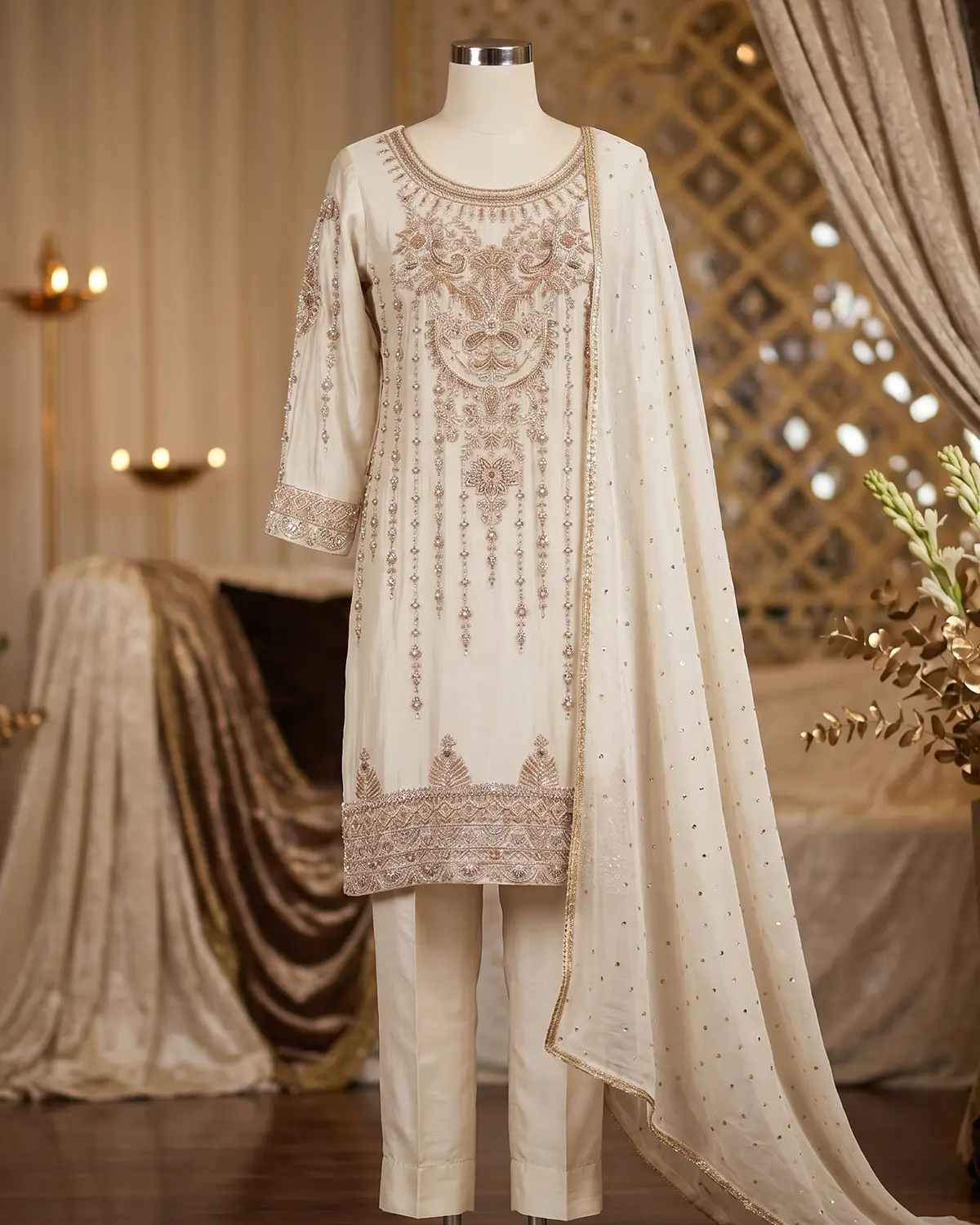 Beige Embroidered Formal Shirt Trouser Suit