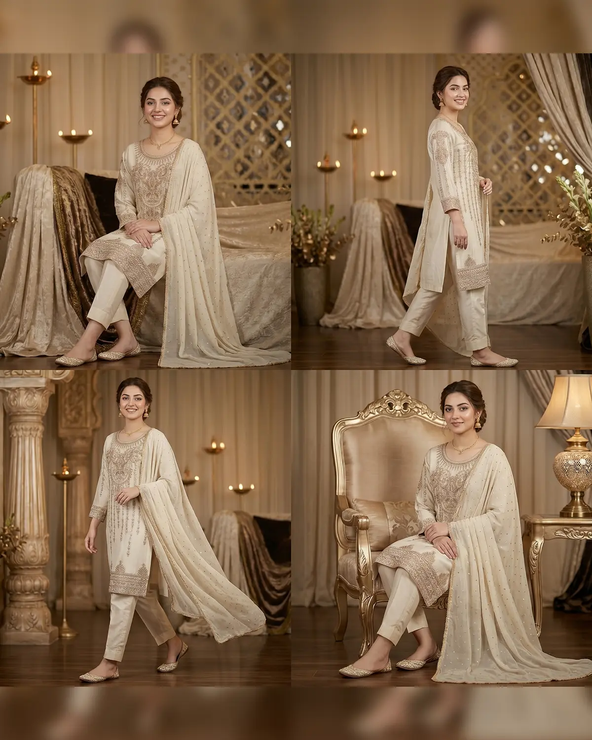 Beige Embroidered Formal Shirt Trouser Suit - Image 4