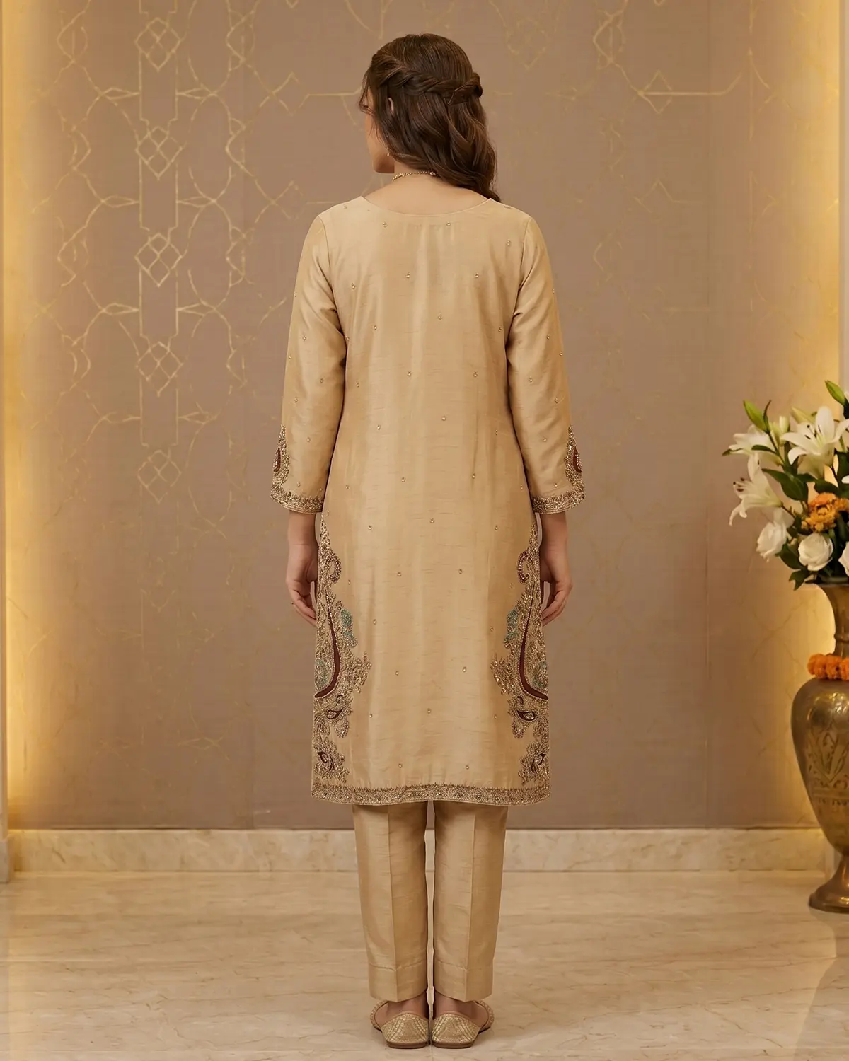 Bisque Zari Formal Shirt Trouser Suit - Image 3