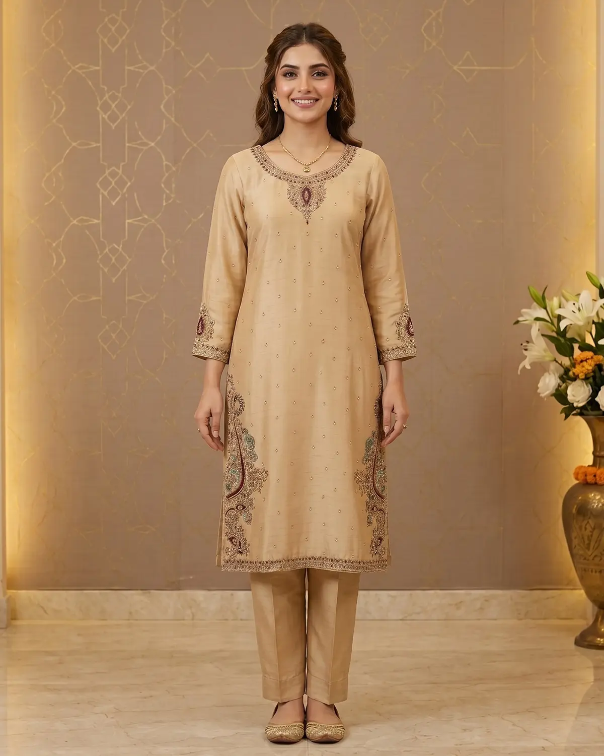Bisque Zari Formal Shirt Trouser Suit - Image 2