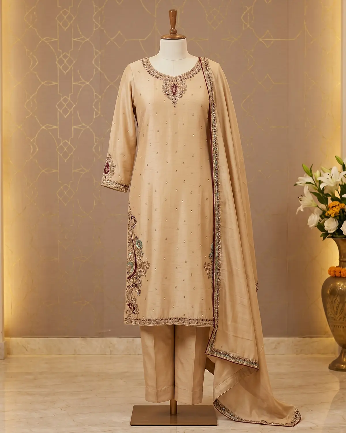 Bisque Zari Formal Shirt Trouser Suit