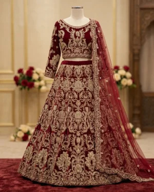 Classic Maroon Velvet Bridal Lehenga Choli
