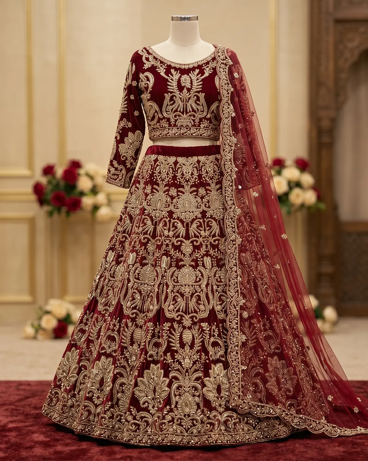 Classic Maroon Velvet Bridal Lehenga Choli