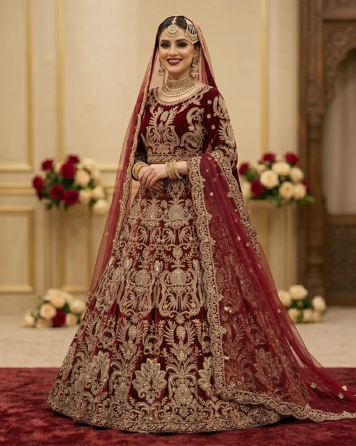 Classic Maroon Velvet Bridal Lehenga Choli - Image 2