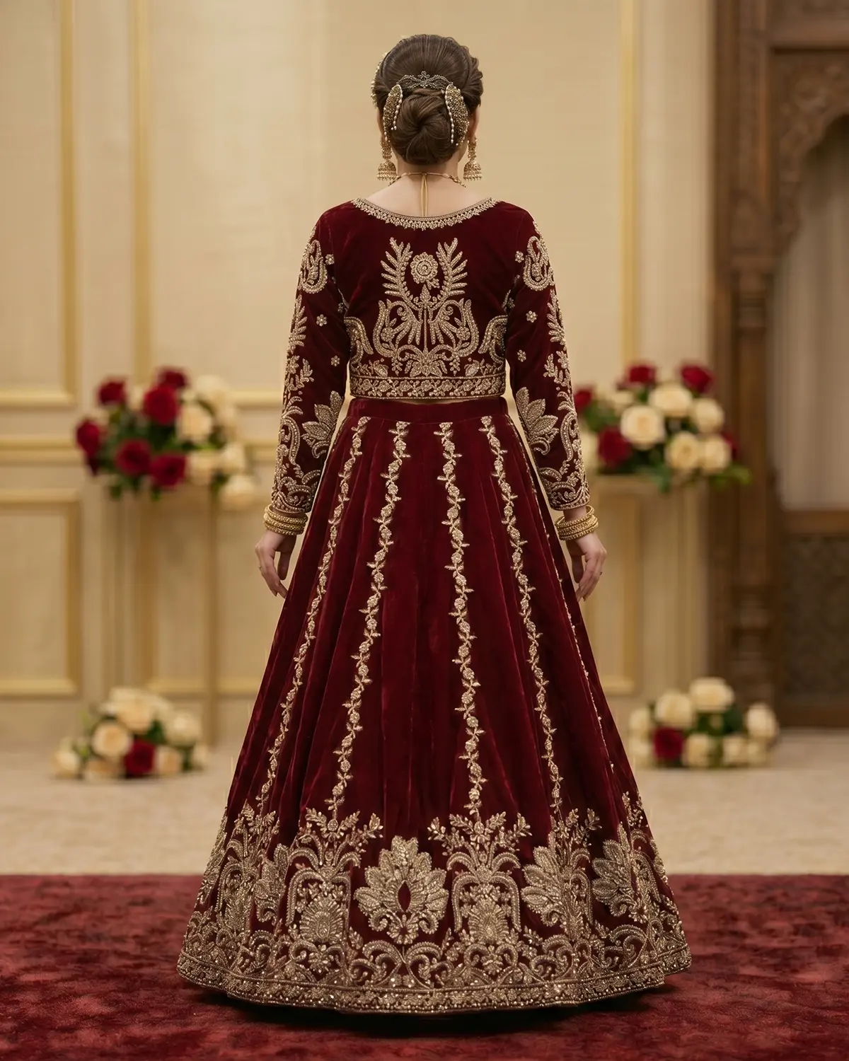 Classic Maroon Velvet Bridal Lehenga Choli - Image 3
