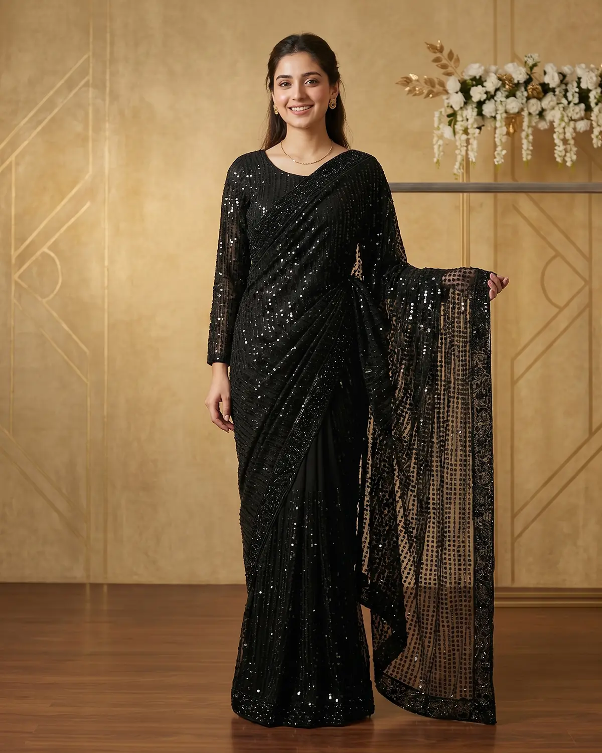 Dark Black Jewel Saree - Image 2
