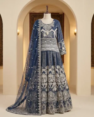 Dark Blue Machine Embroidered Formal Maxi