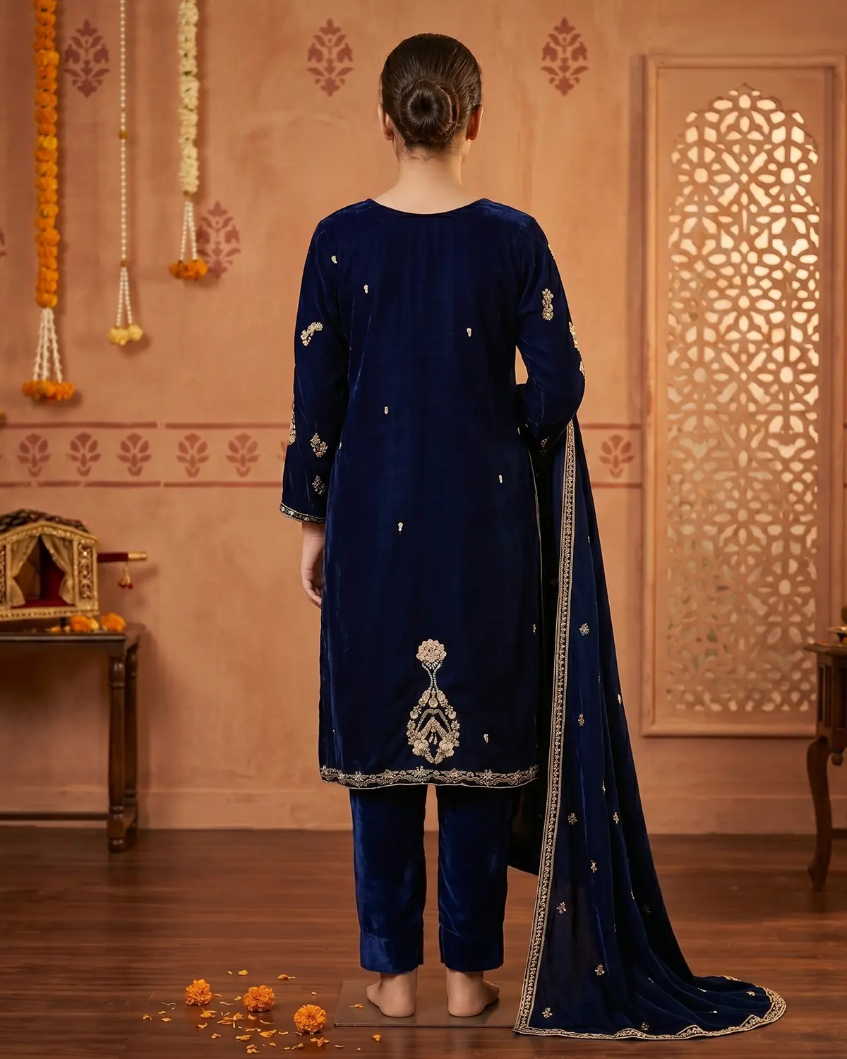 Dark Blue Velevt Formal Shirt Trouser Suit - Image 3