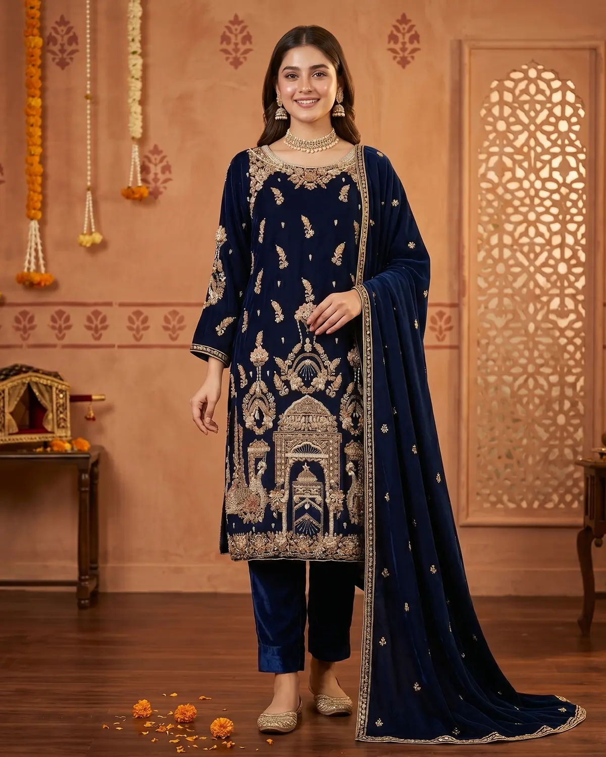 Dark Blue Velevt Formal Shirt Trouser Suit - Image 2