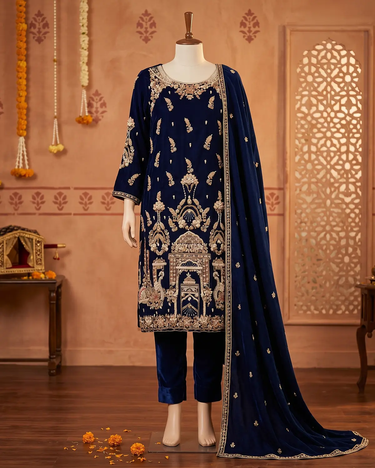 Dark Blue Velevt Formal Shirt Trouser Suit