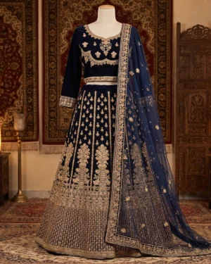 Dark Blue Velvet Embellished Formal Lehenga Choli