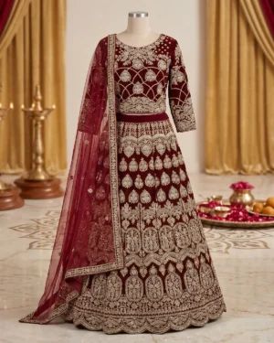 Dark Crimson Zari Velvet Bridal Lehenga Front & Back Same