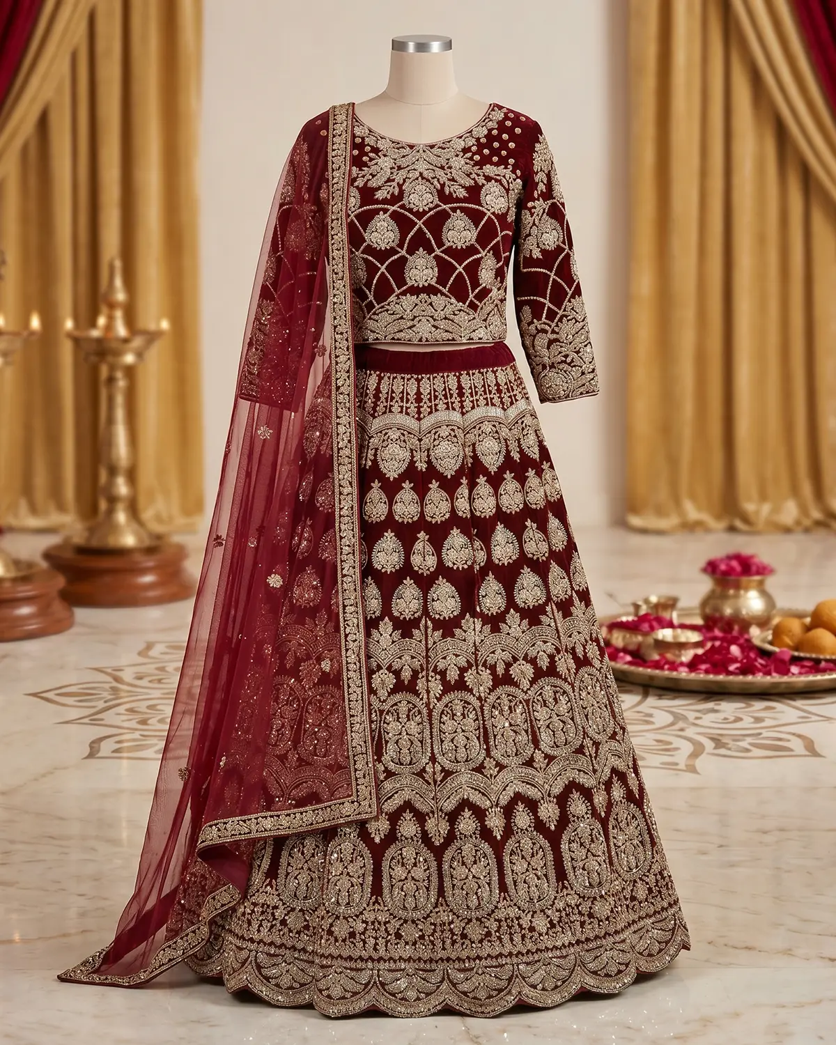 Dark Crimson Zari Velvet Bridal Lehenga Front & Back Same