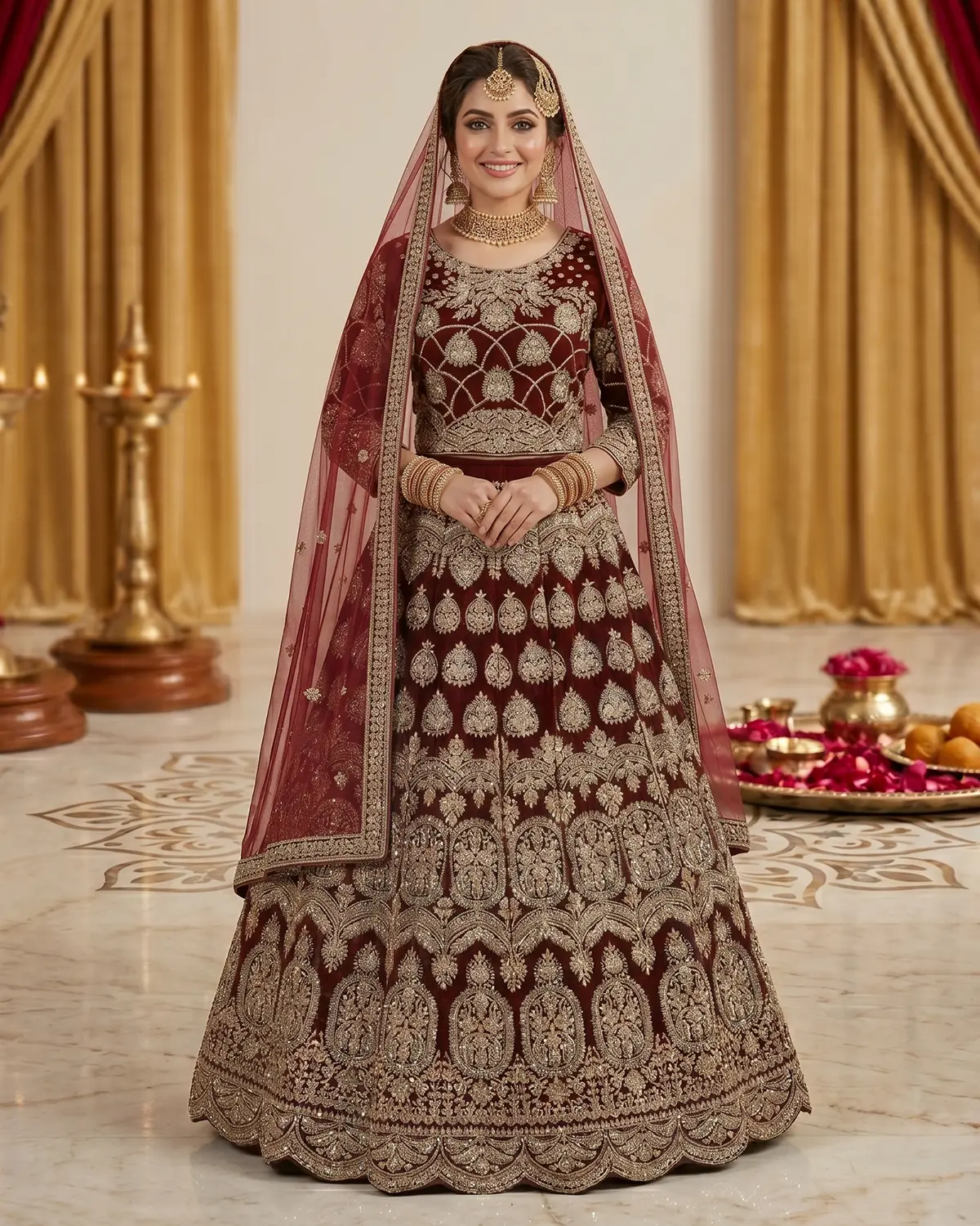 Dark Crimson Zari Velvet Bridal Lehenga Front & Back Same - Image 2