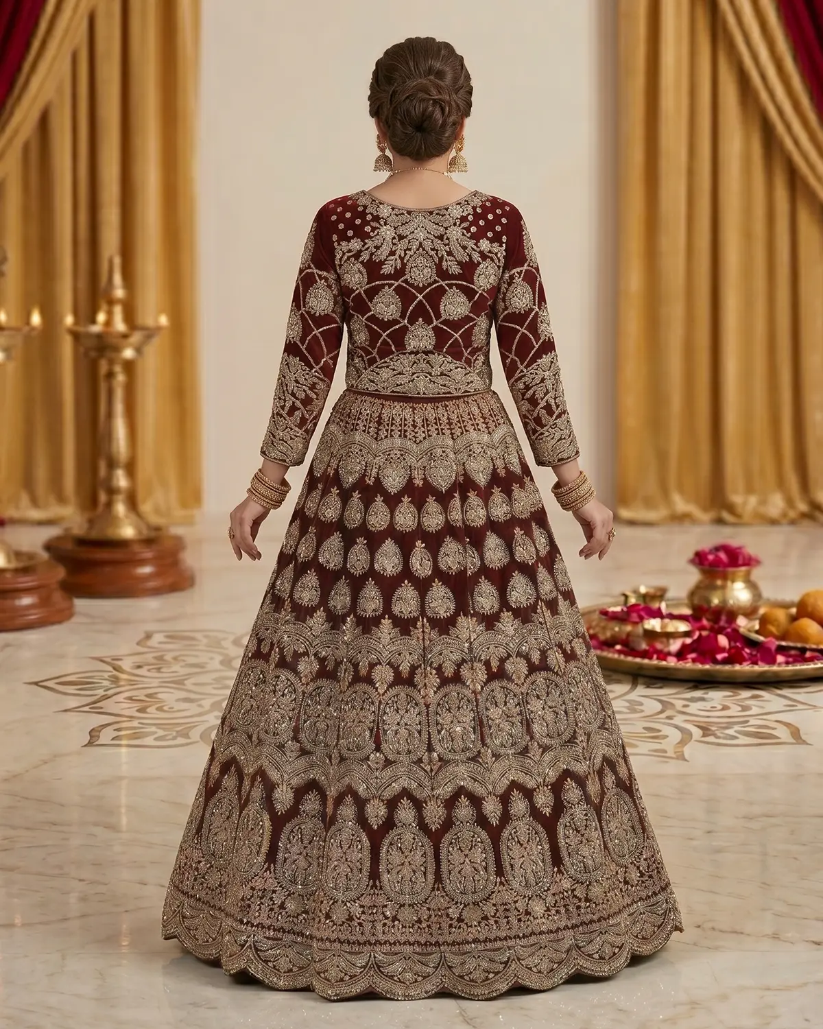 Dark Crimson Zari Velvet Bridal Lehenga Front & Back Same - Image 3