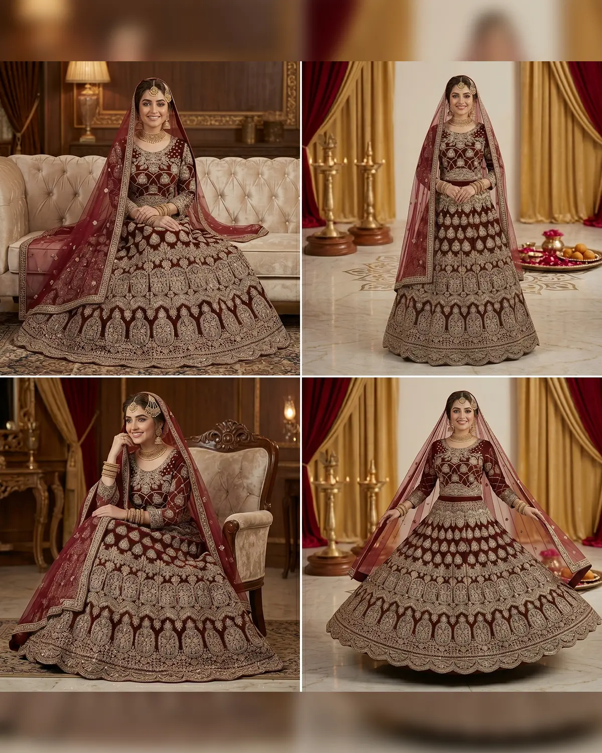 Dark Crimson Zari Velvet Bridal Lehenga Front & Back Same - Image 4