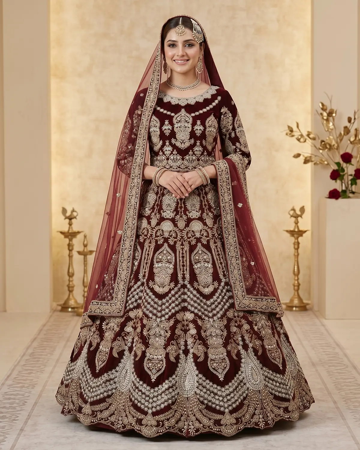Dark Maroon Embellished Bridal Lehenga Choli - Image 2