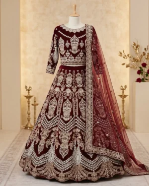 Dark Maroon Embellished Bridal Lehenga Choli