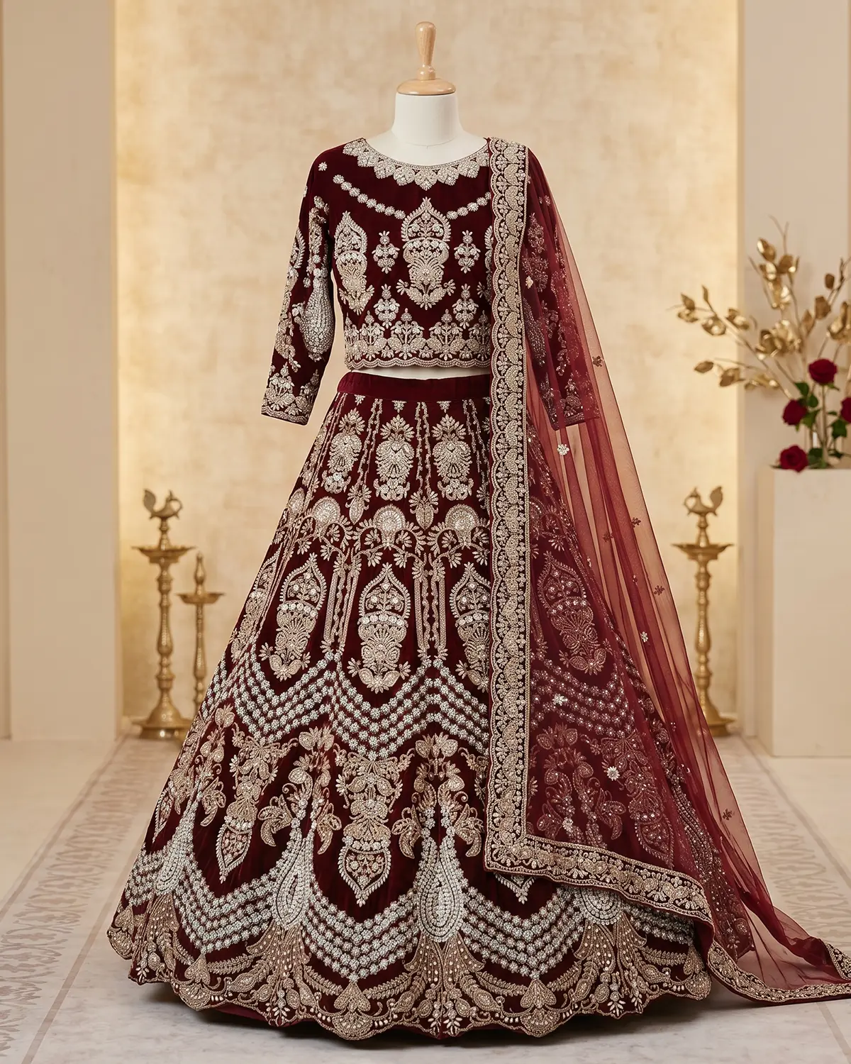 Dark Maroon Embellished Bridal Lehenga Choli