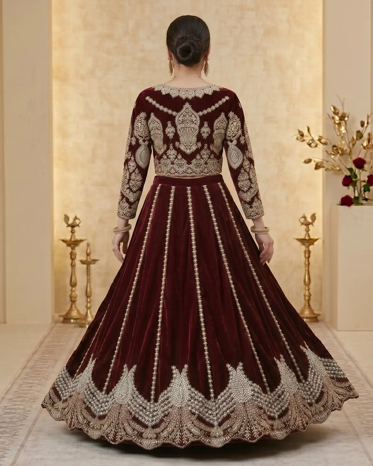 Dark Maroon Embellished Bridal Lehenga Choli - Image 3
