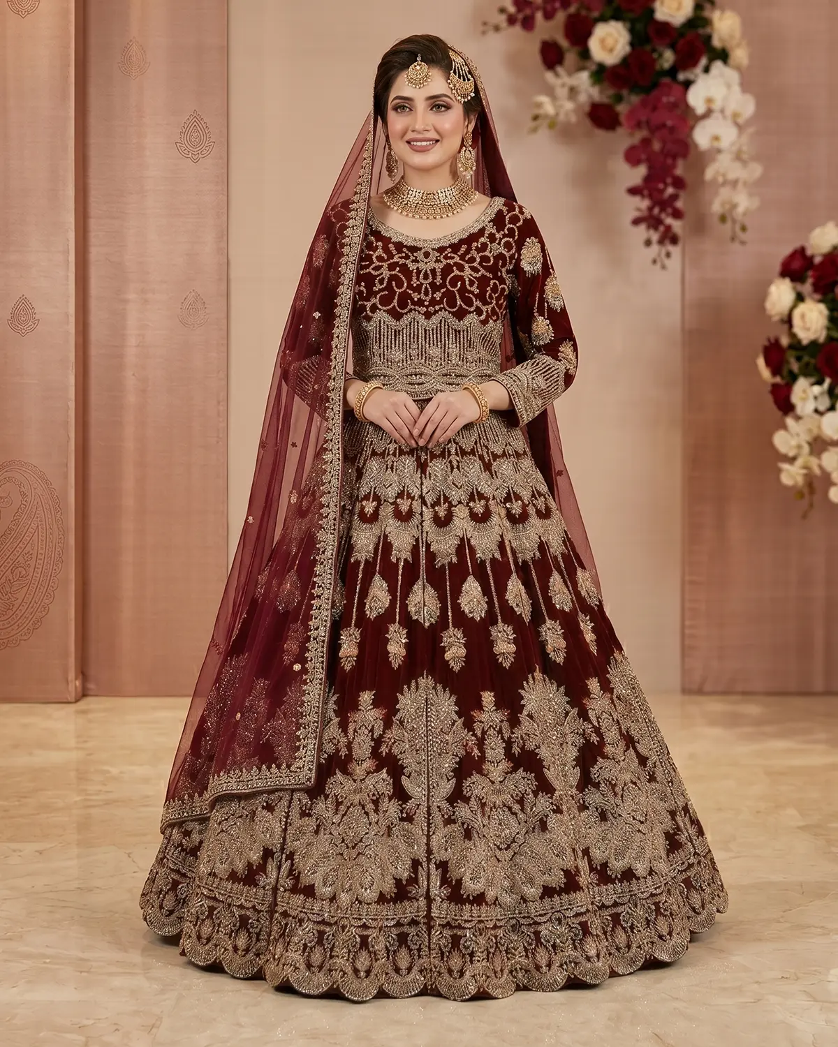 Darker Maroon Golden Velvet Bridal Lehenga Choli Front & Back Same - Image 2