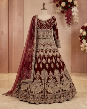 Darker Maroon Golden Velvet Bridal Lehenga Choli Front & Back Same
