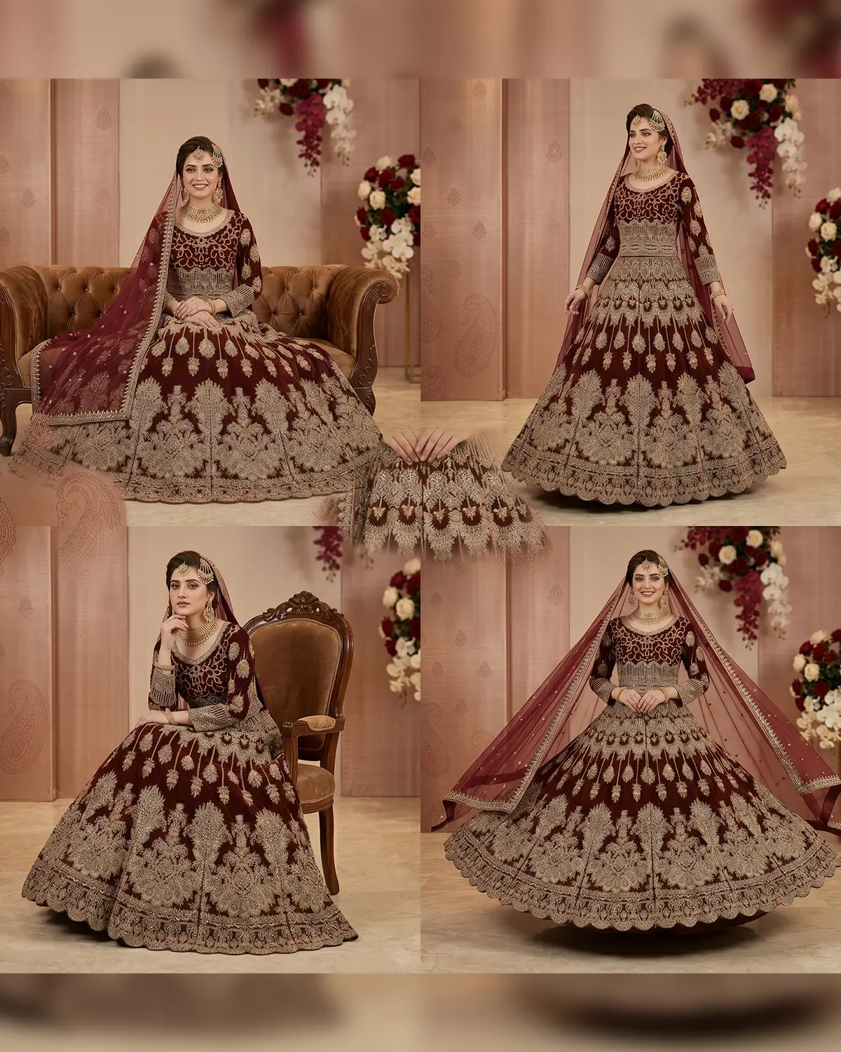 Darker Maroon Golden Velvet Bridal Lehenga Choli Front & Back Same - Image 4