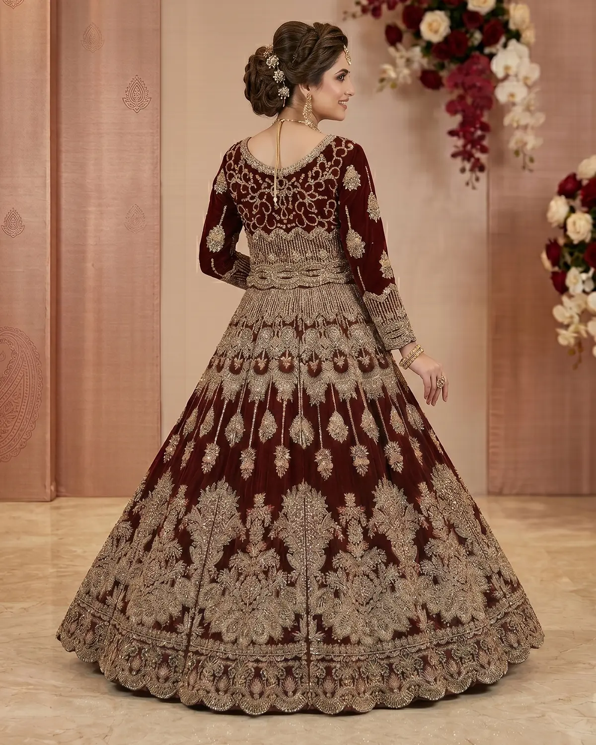 Darker Maroon Golden Velvet Bridal Lehenga Choli Front & Back Same - Image 3