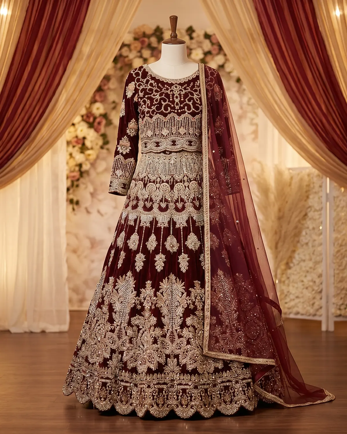 Darker Maroon Golden Velvet Bridal Lehenga Choli