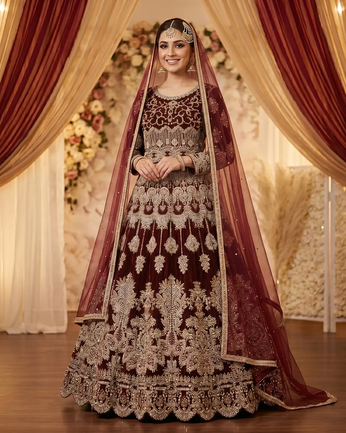 Darker Maroon Golden Velvet Bridal Lehenga Choli - Image 2
