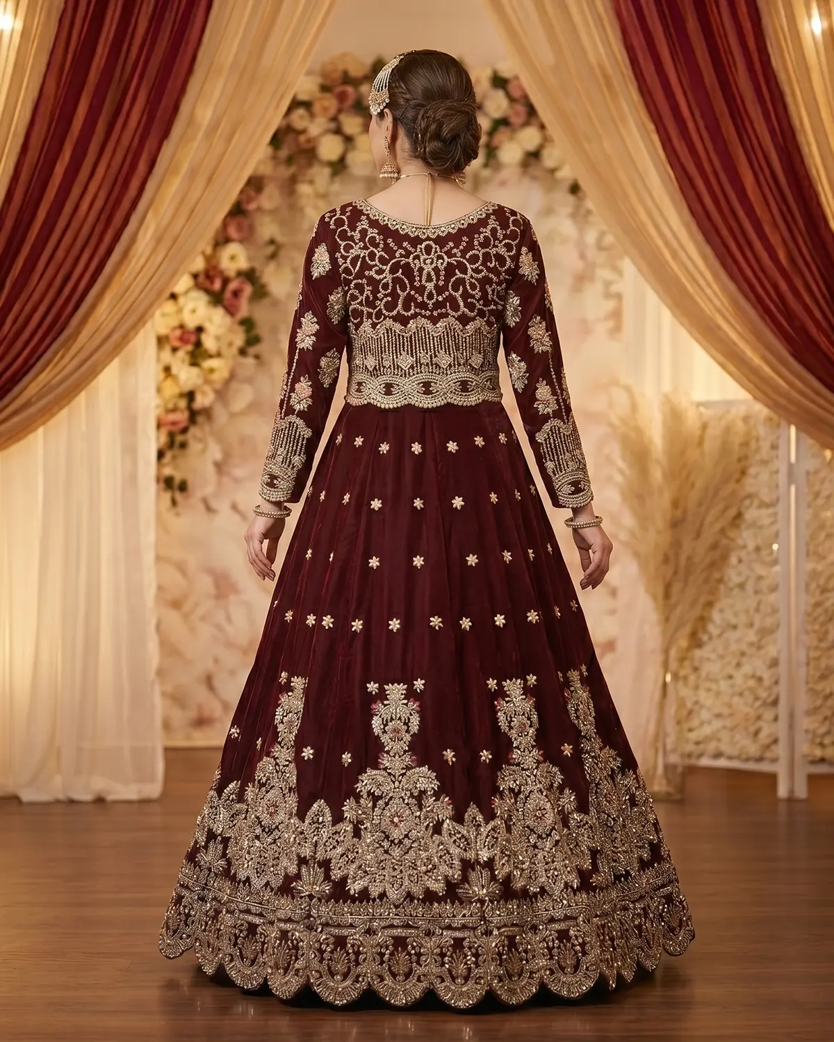 Darker Maroon Golden Velvet Bridal Lehenga Choli - Image 3