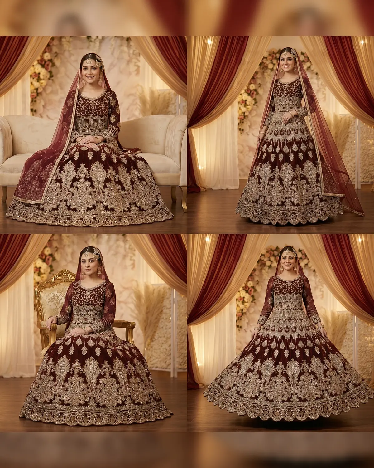Darker Maroon Golden Velvet Bridal Lehenga Choli - Image 4