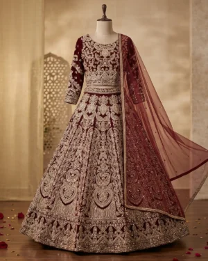 Deep Maroon Golden Velvet Bridal Lehenga Shirt