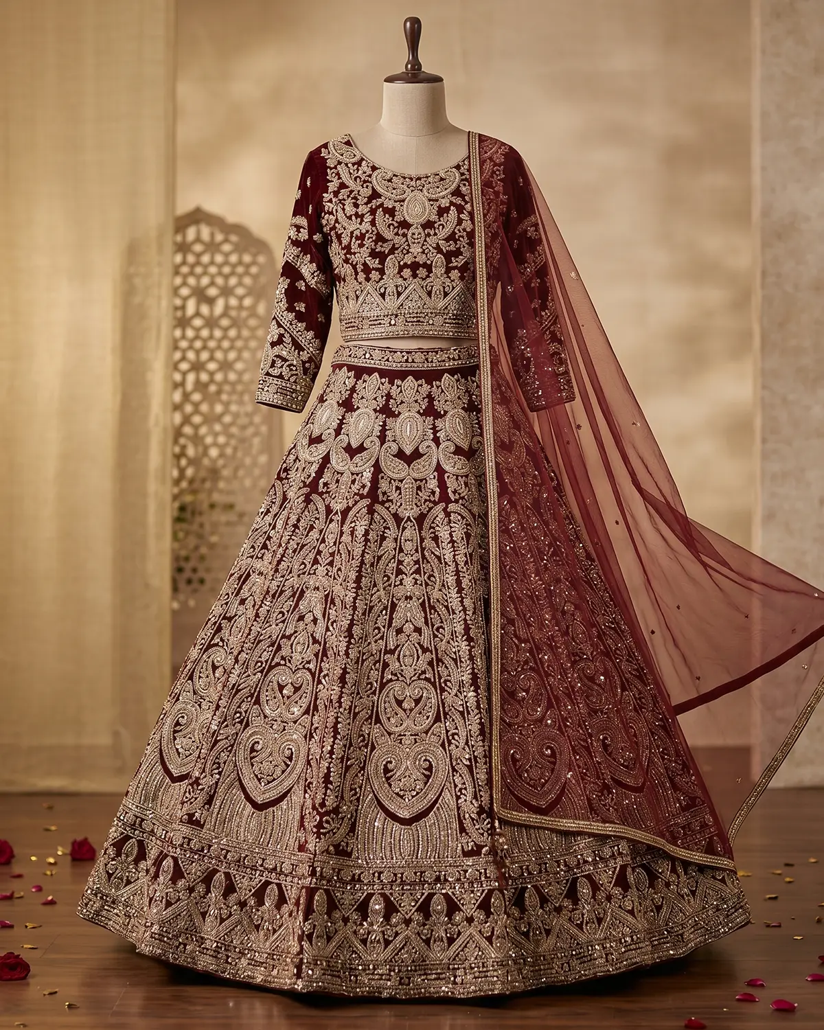 Deep Maroon Golden Velvet Bridal Lehenga Shirt