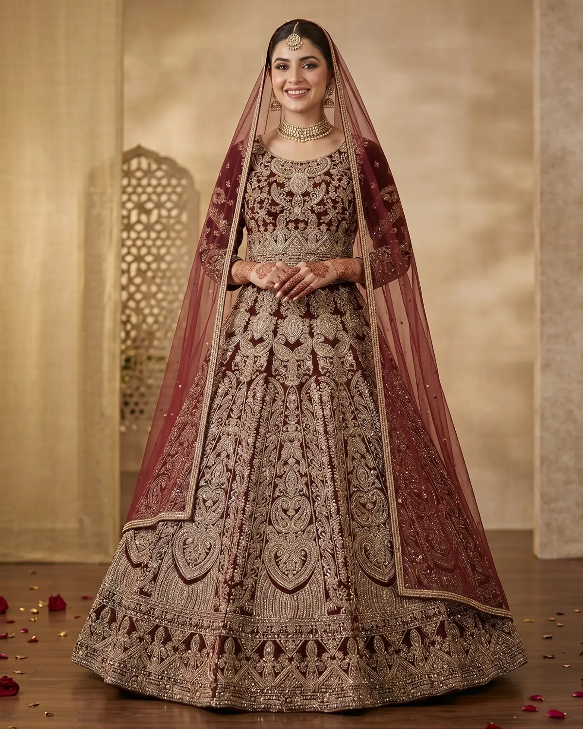 Deep Maroon Golden Velvet Bridal Lehenga Shirt - Image 2