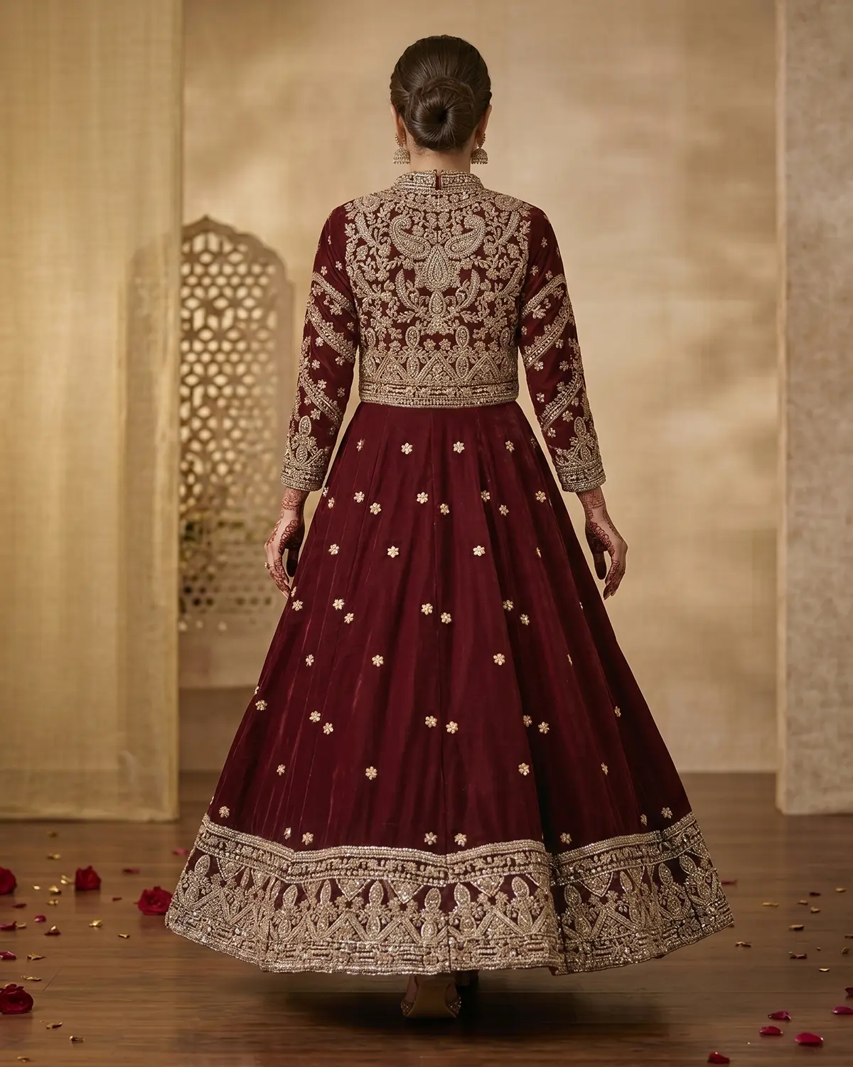 Deep Maroon Golden Velvet Bridal Lehenga Shirt - Image 3